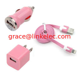 China USB Home AC Wall charger+Car Charger+8 Pin Sync USB Cord for iPhone 5 5S 5C 5G Light Pink proveedor